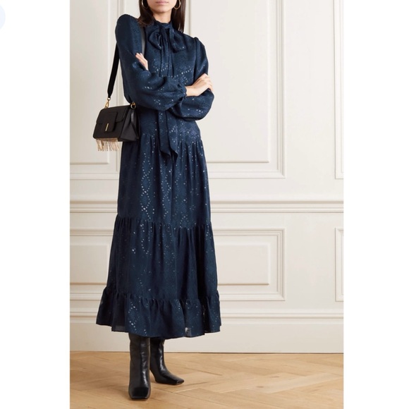 SALONI NAVY BLUE ISABEL LONG SLEEVE C BOW SILK BLEND JACQUARD MAXI DRESS - Picture 11 of 13